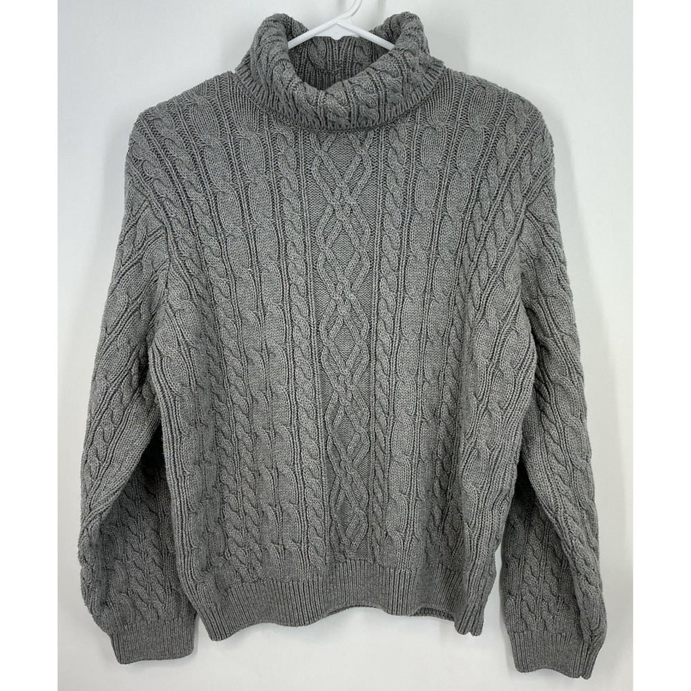 Wainscott Chunky Cable Knit Turtleneck Sweater Gray 100% Cotton L
